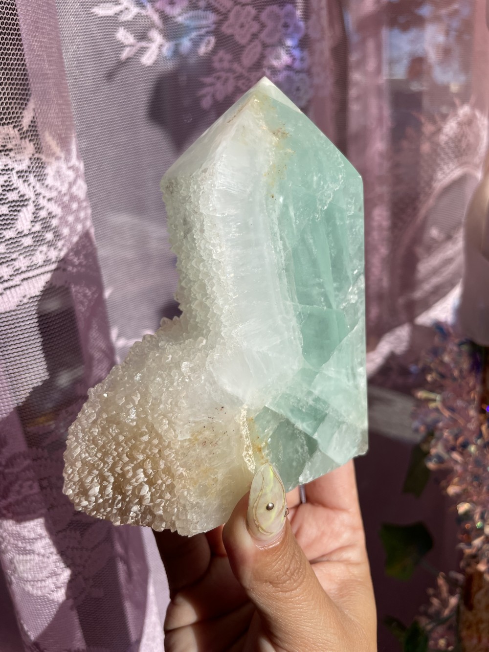 green fluorite druzy tower