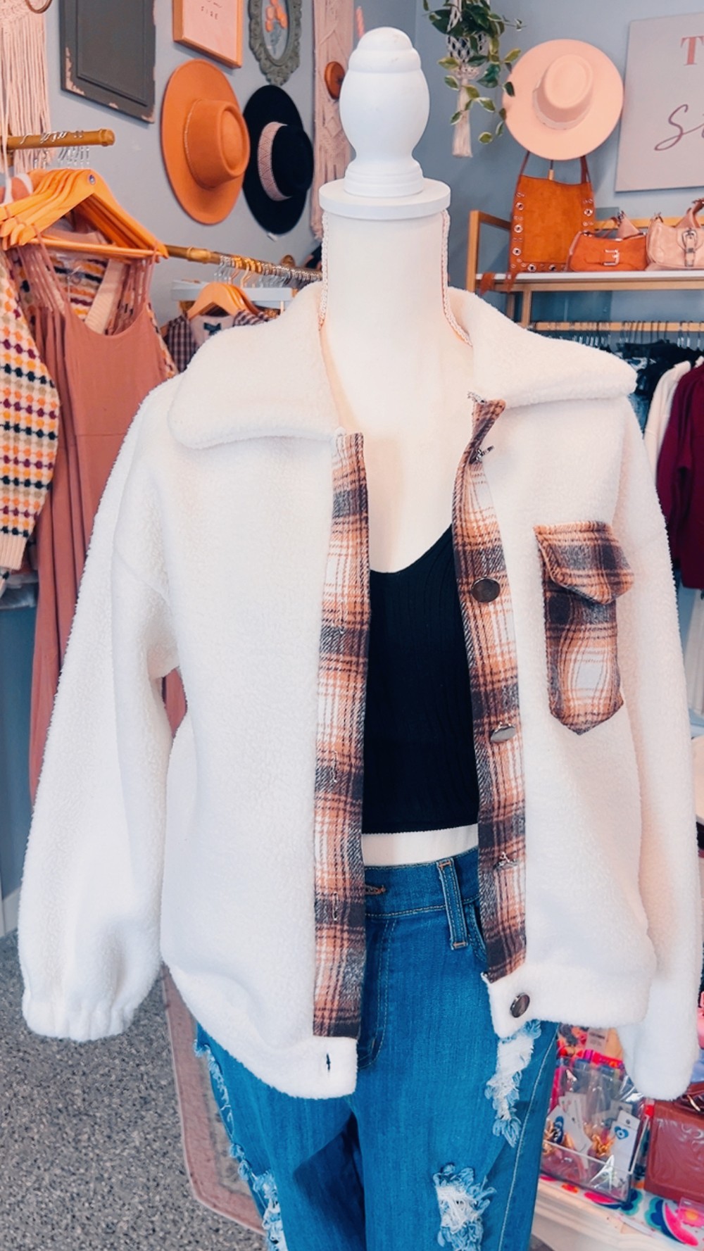 Collared Button Up Coat | Plaid & Warm White