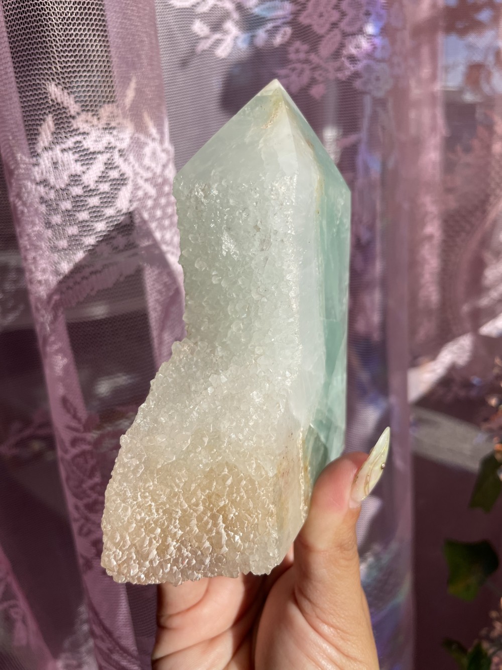 green fluorite druzy tower