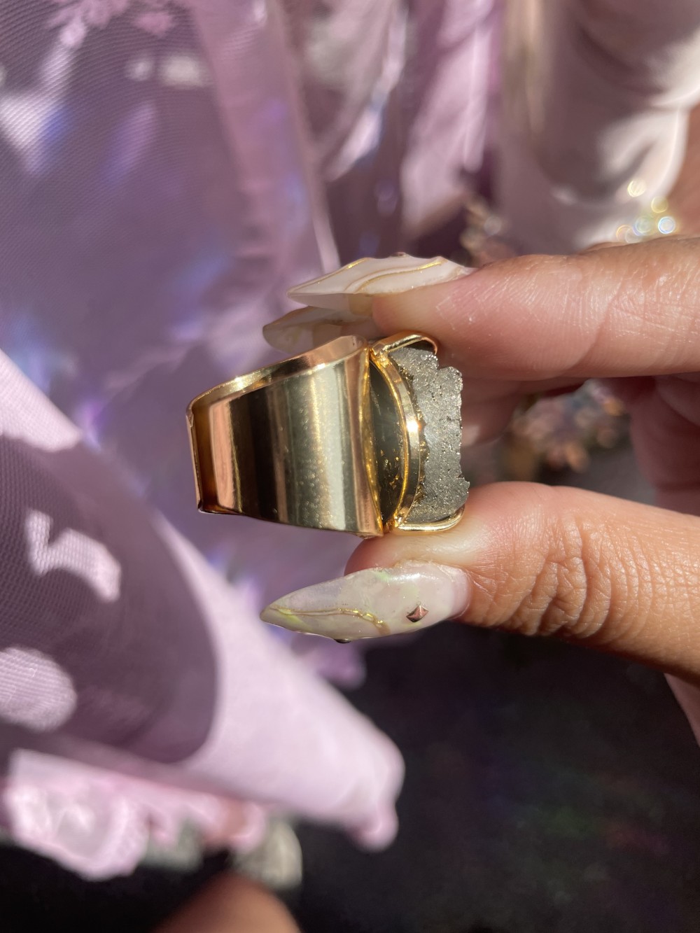 Gold pyrite cuff moon ring