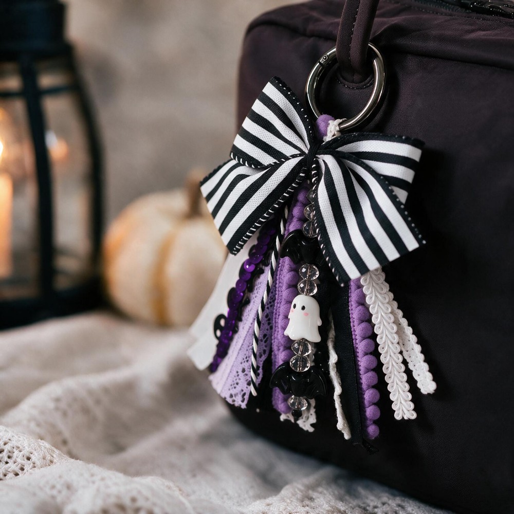 Black & White Striped Bow Halloween Bag Charm