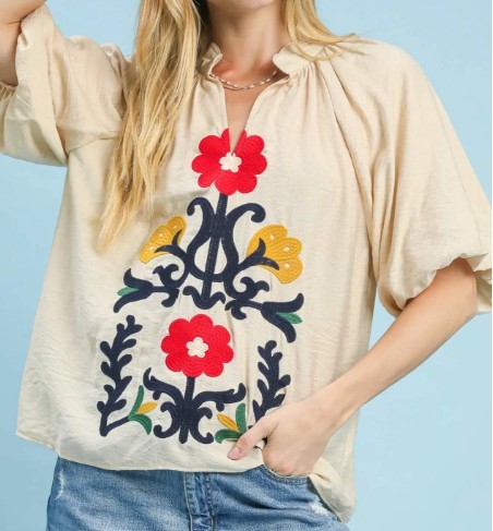 Oatmeal Embroidered Abstract top