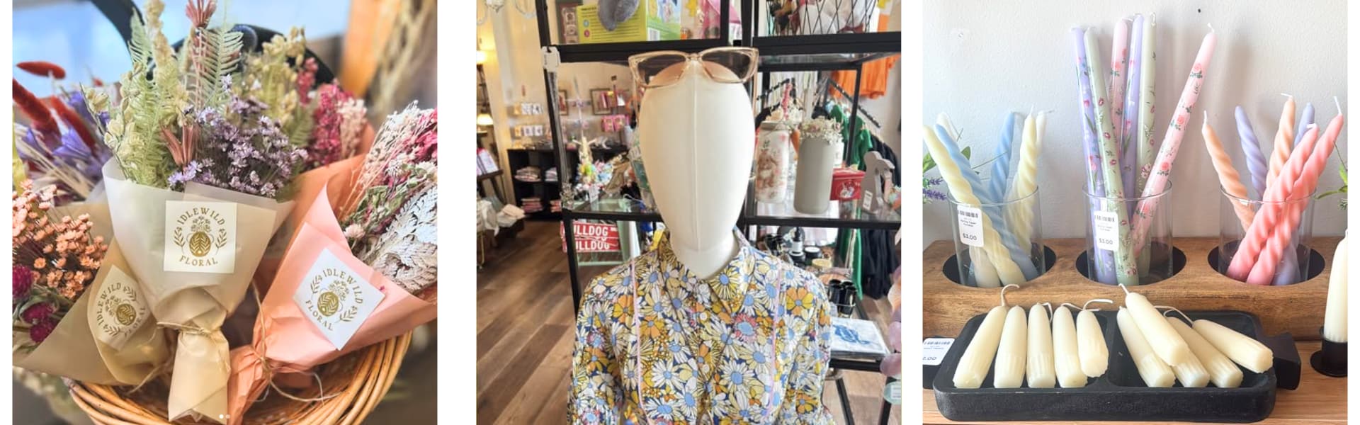 Bouquet of dried flowers from Simply Fetching Boutique, displayed beside a mannequin in a floral dress and custom-made candlesticks.