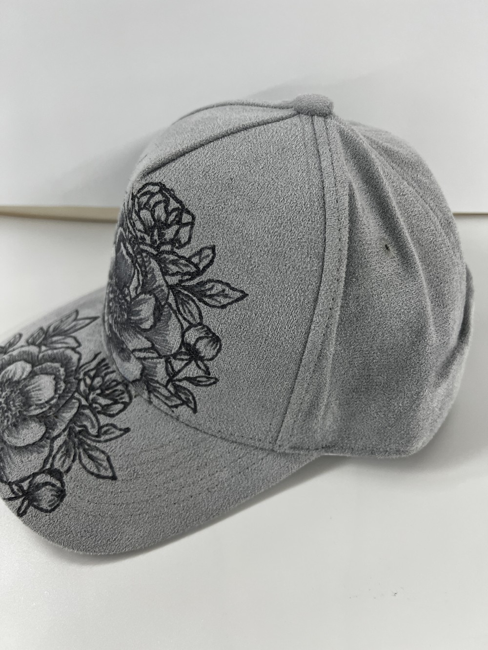 Vegan Suede Ball Cap Gray with Flowers