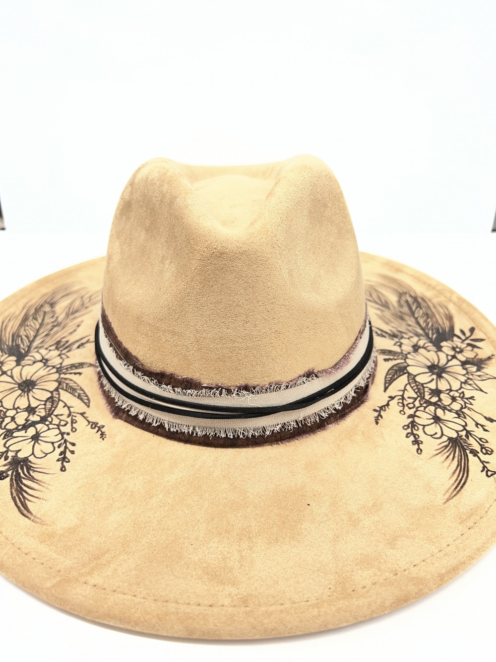 F-Fedora Tan feathers and flowers