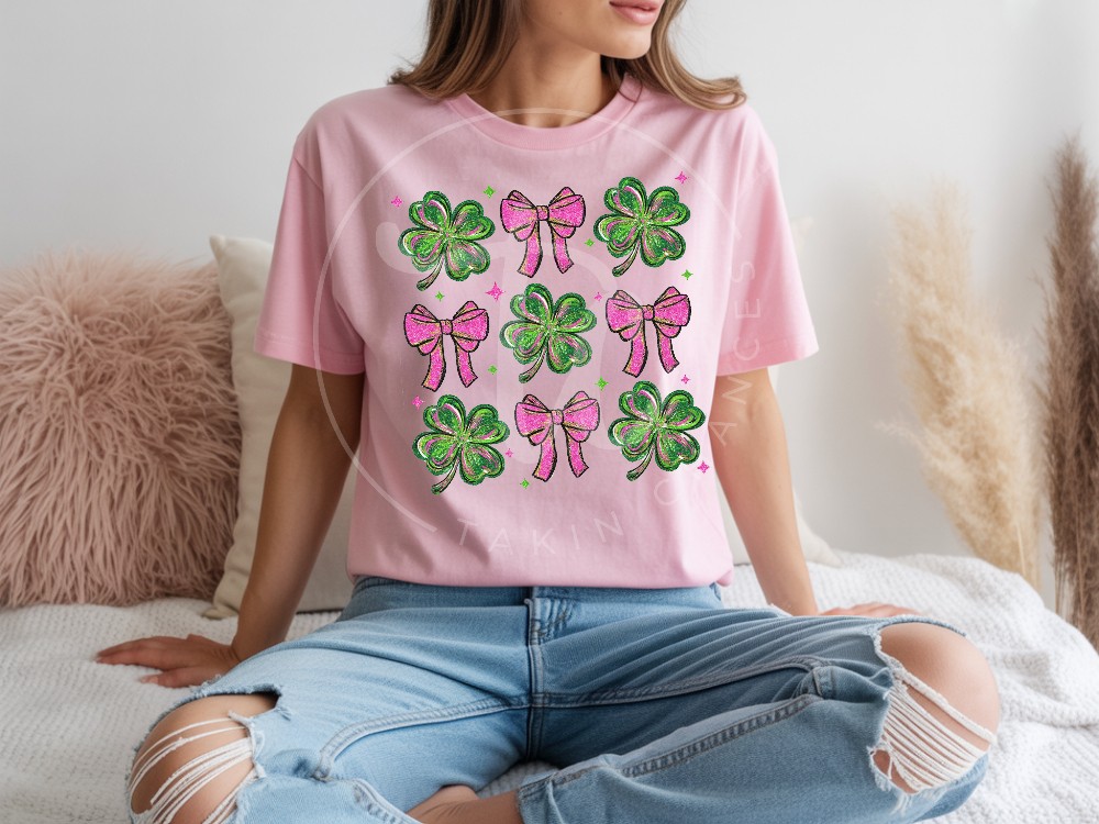 St.Paddy's Coquette Pink Bow Clover Pink Tee