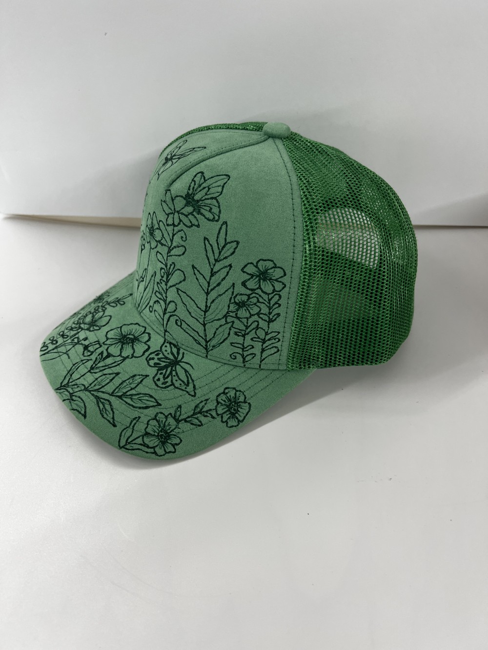 C Vegan Suede Trucker Hat Grreen Butterflies and Flowers