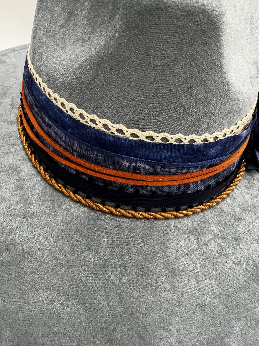 Fedora Blue with wood flowers