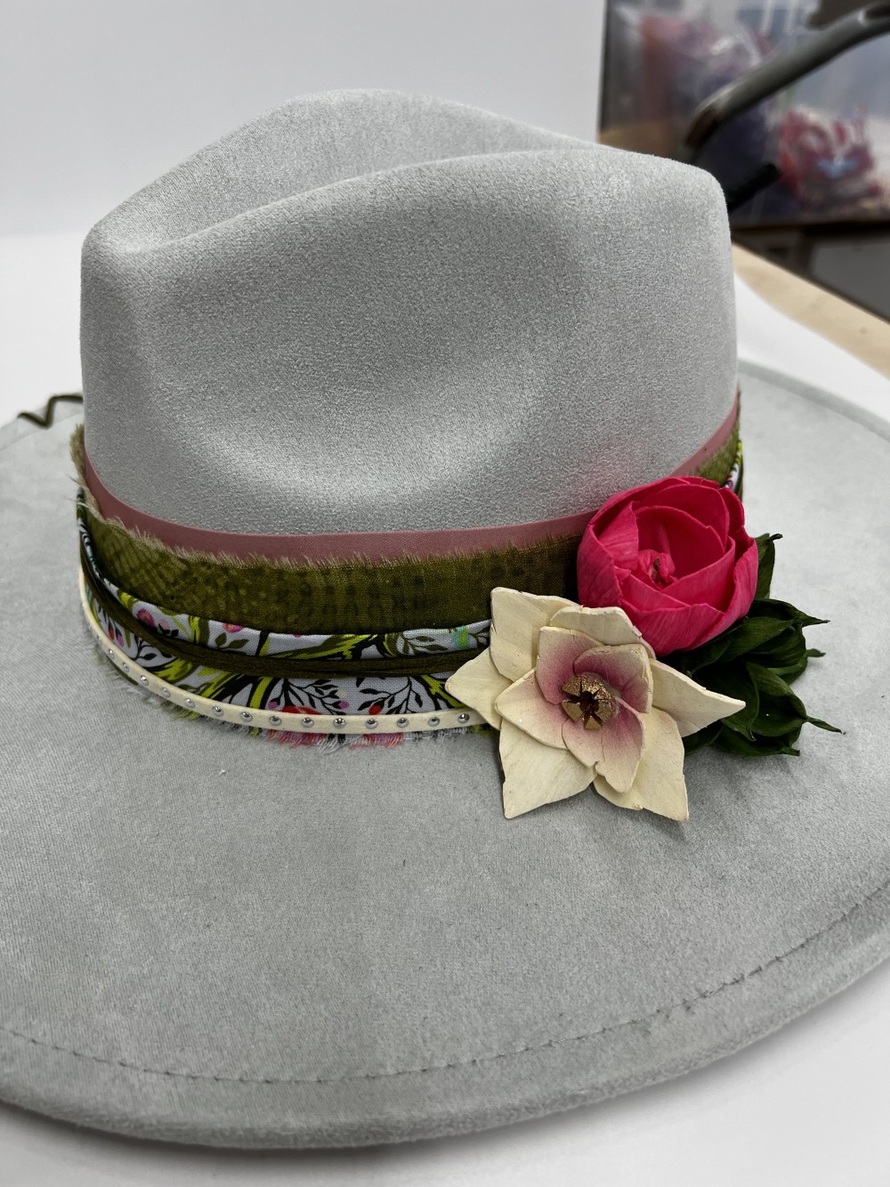 Fedora Gray with pink/green/cream wood flowers