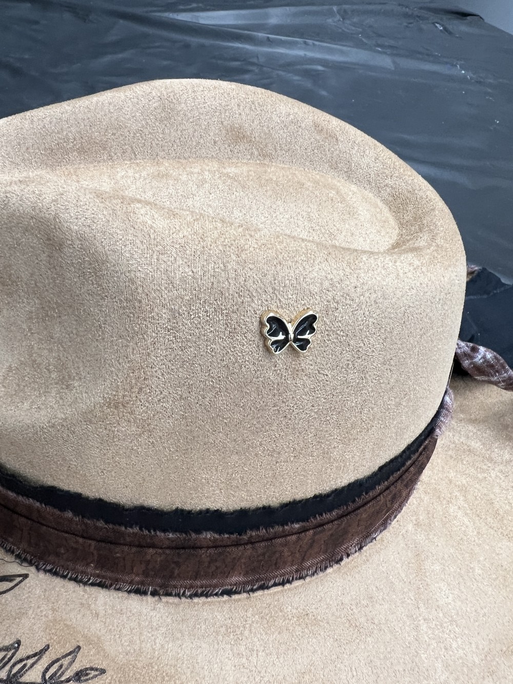 F-Fedora tan with flowers front