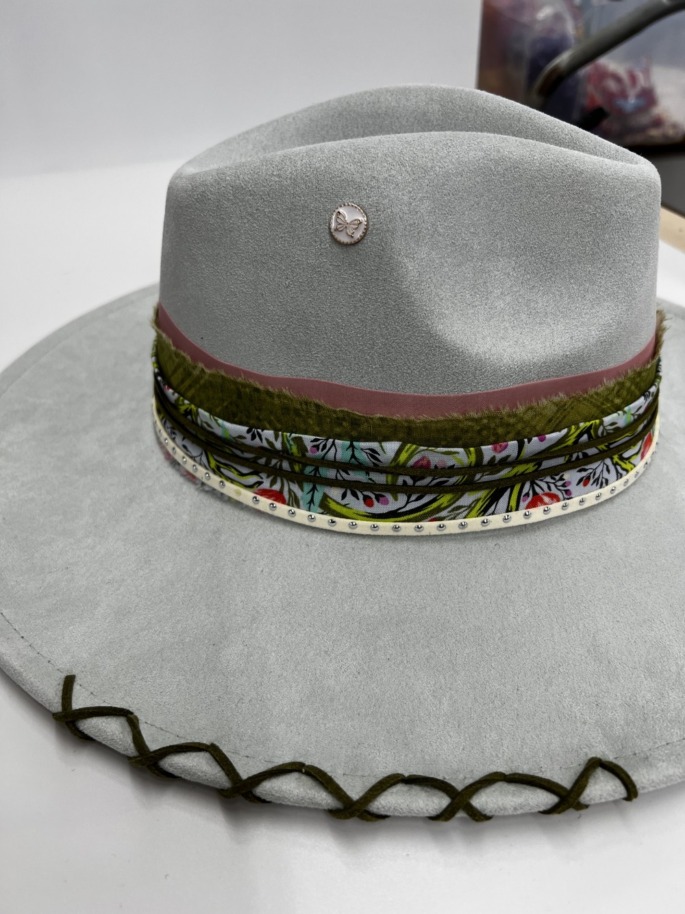 Fedora Gray with pink/green/cream wood flowers