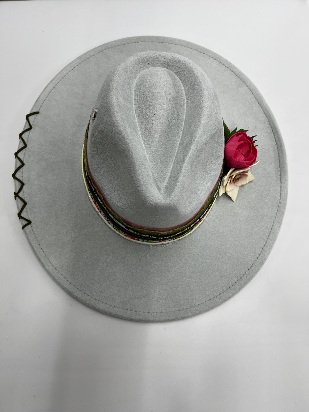 Fedora Gray with pink/green/cream wood flowers