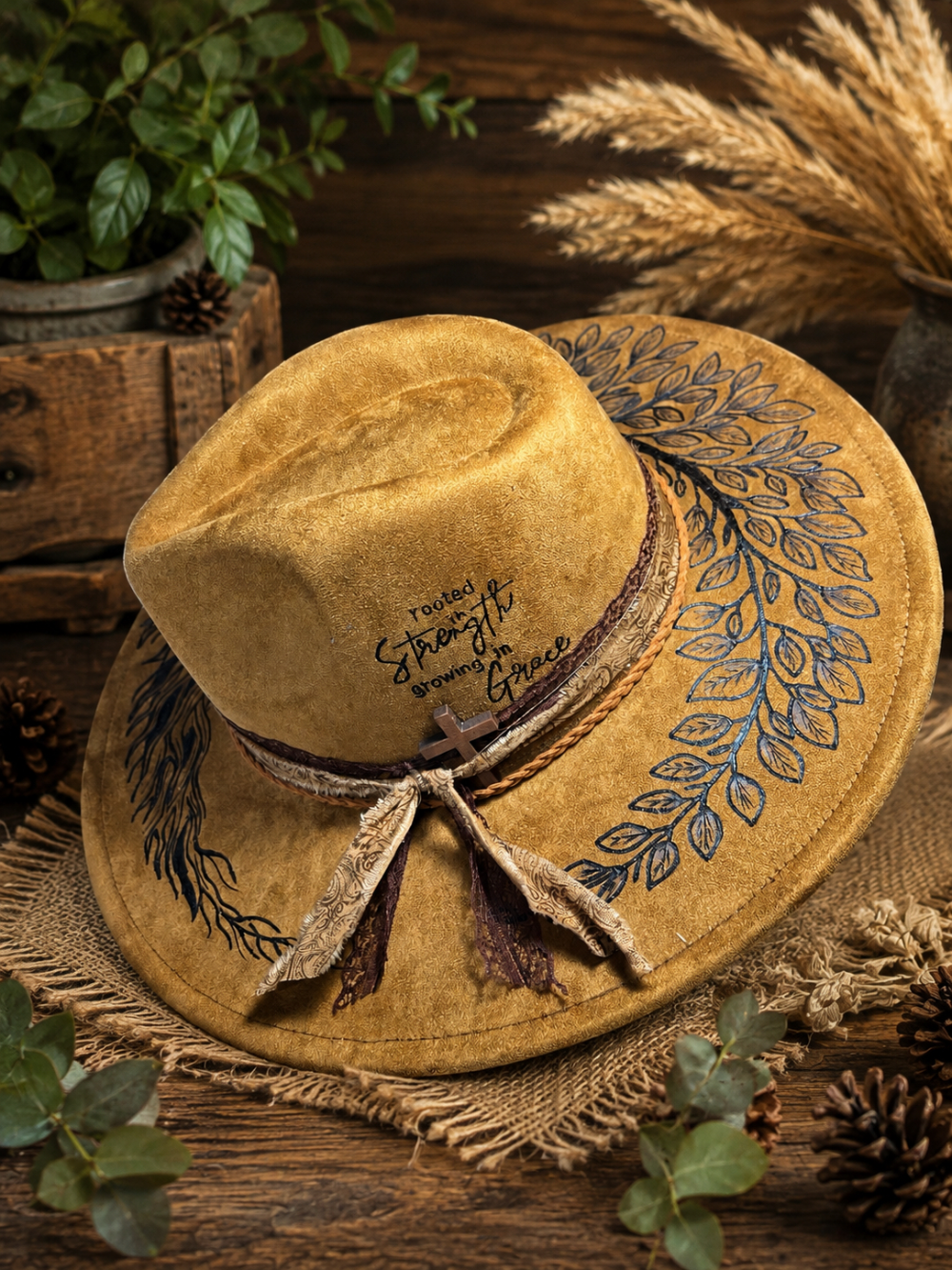 F- Dark Tan Wide brim Rooted in Strength growing in Grace