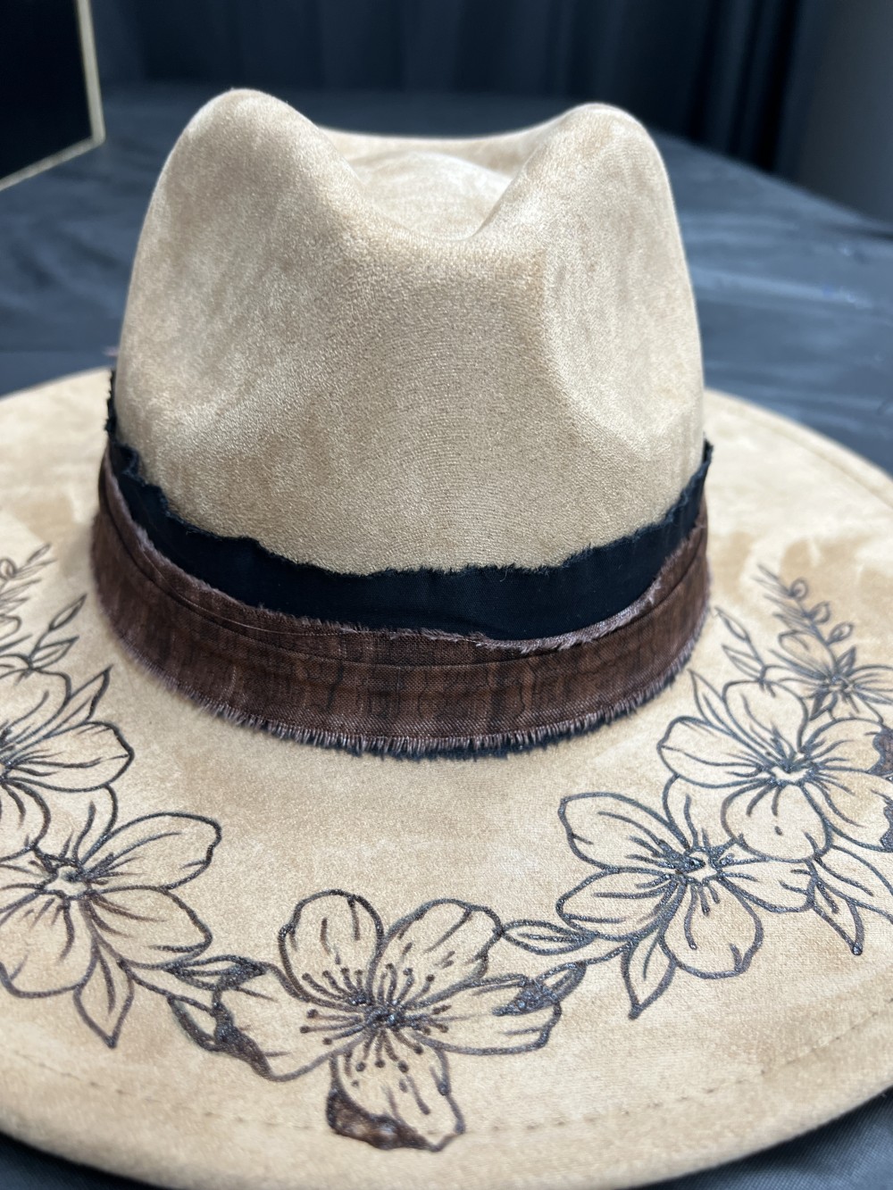 F-Fedora tan with flowers front