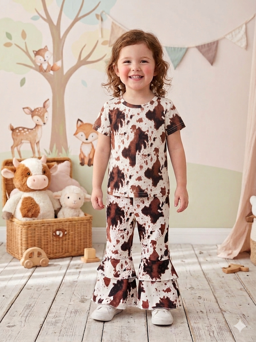 Brown Cow Print Flared Jeans