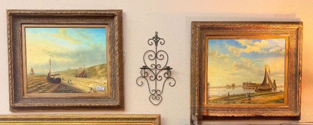 Framed Original Oil  Harbor Landscape Painting