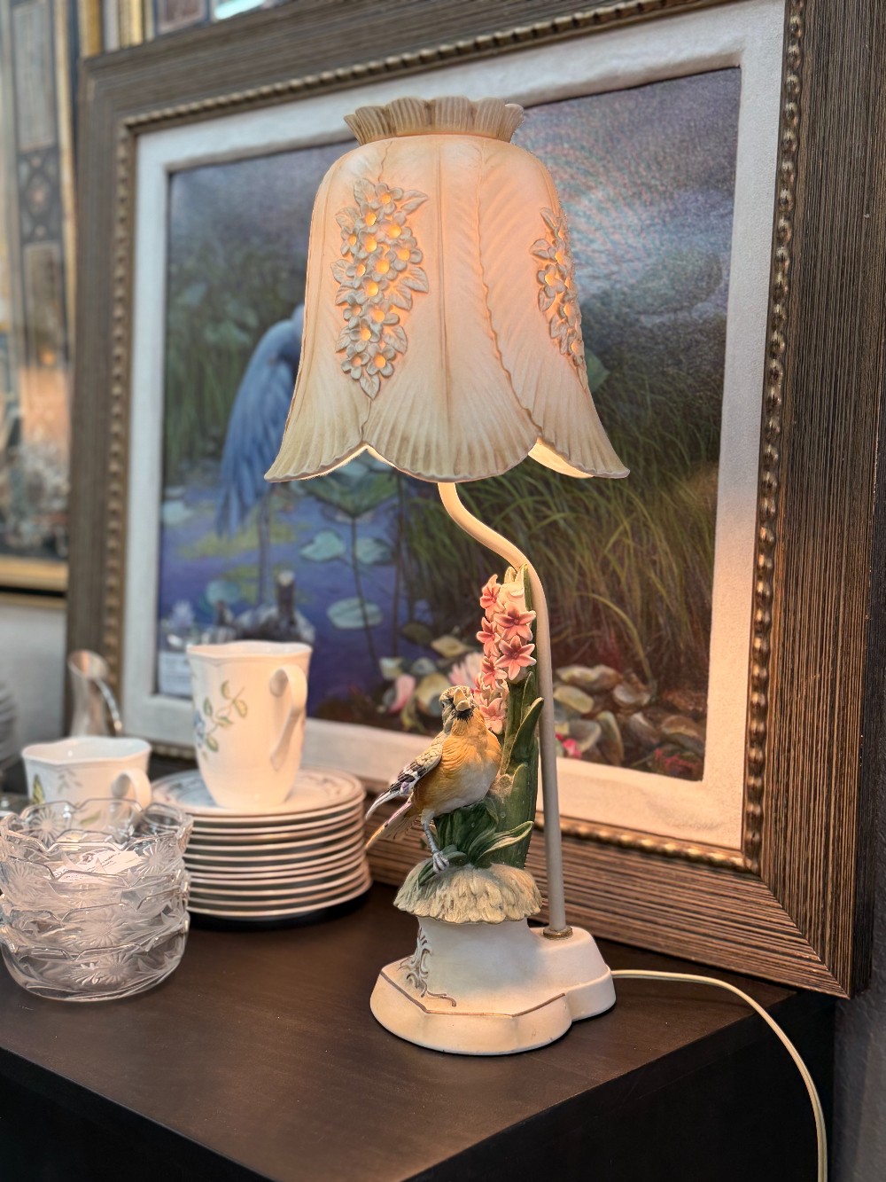 Hand-Painted Ardalt Porcelain Bird Lamp (1950's)