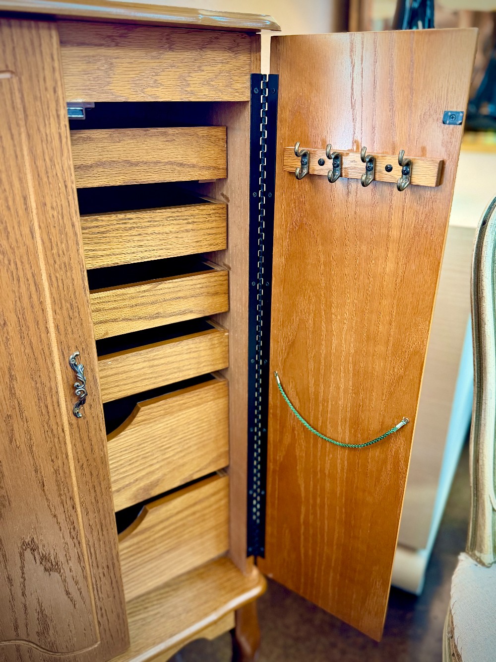Vintage Oak Jewelry Armoire w/ Mirror & Felt-Lined Compartments