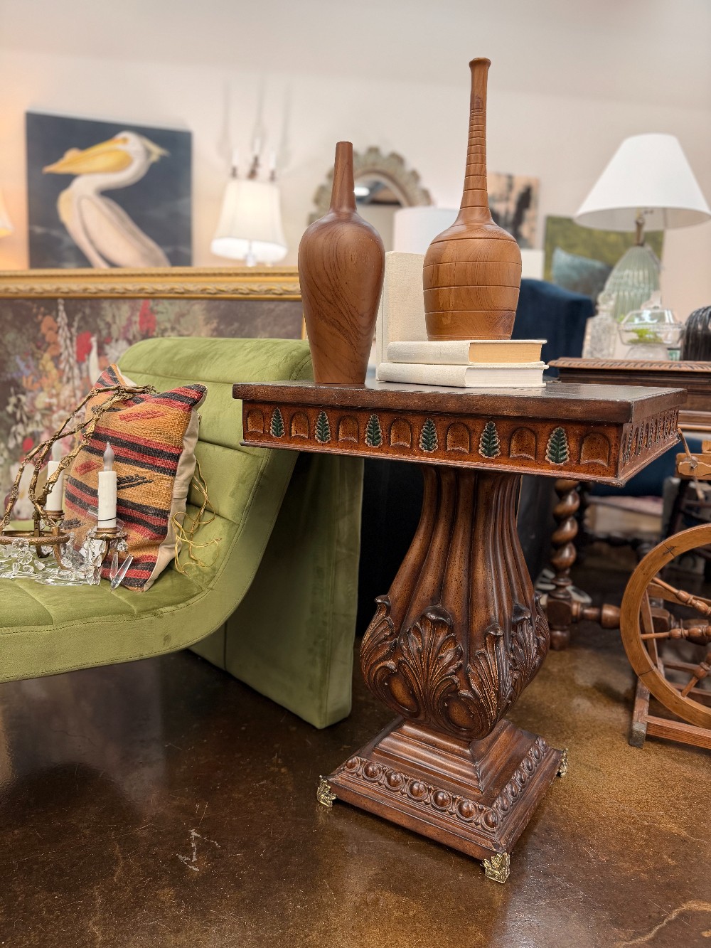 Classical Pedestal Side Table w/ Carved Details & Leather Inlay