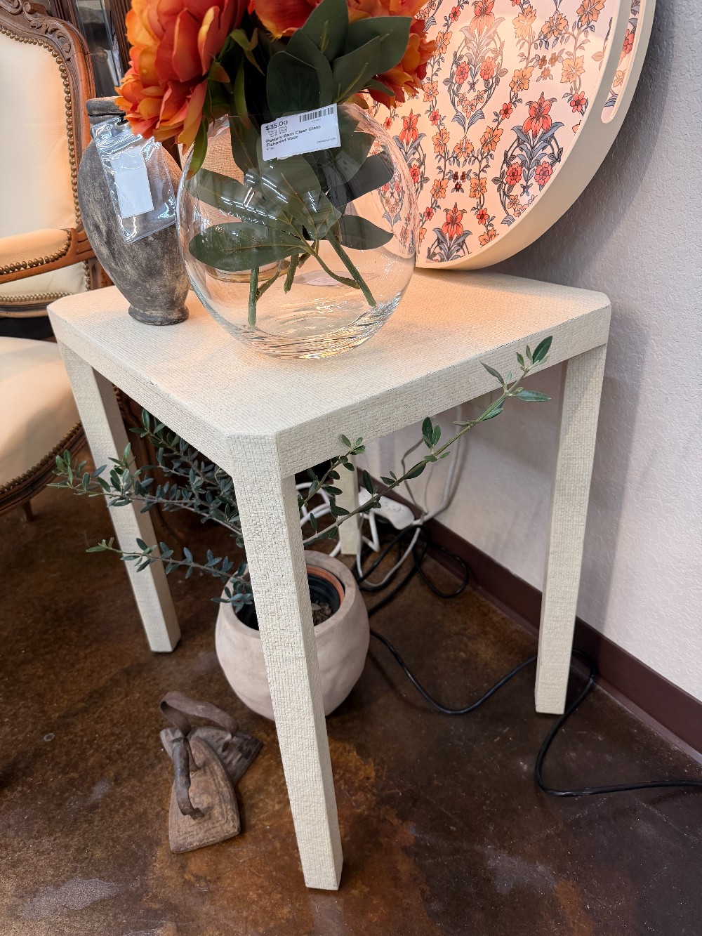 Linen Grasscloth Side Table