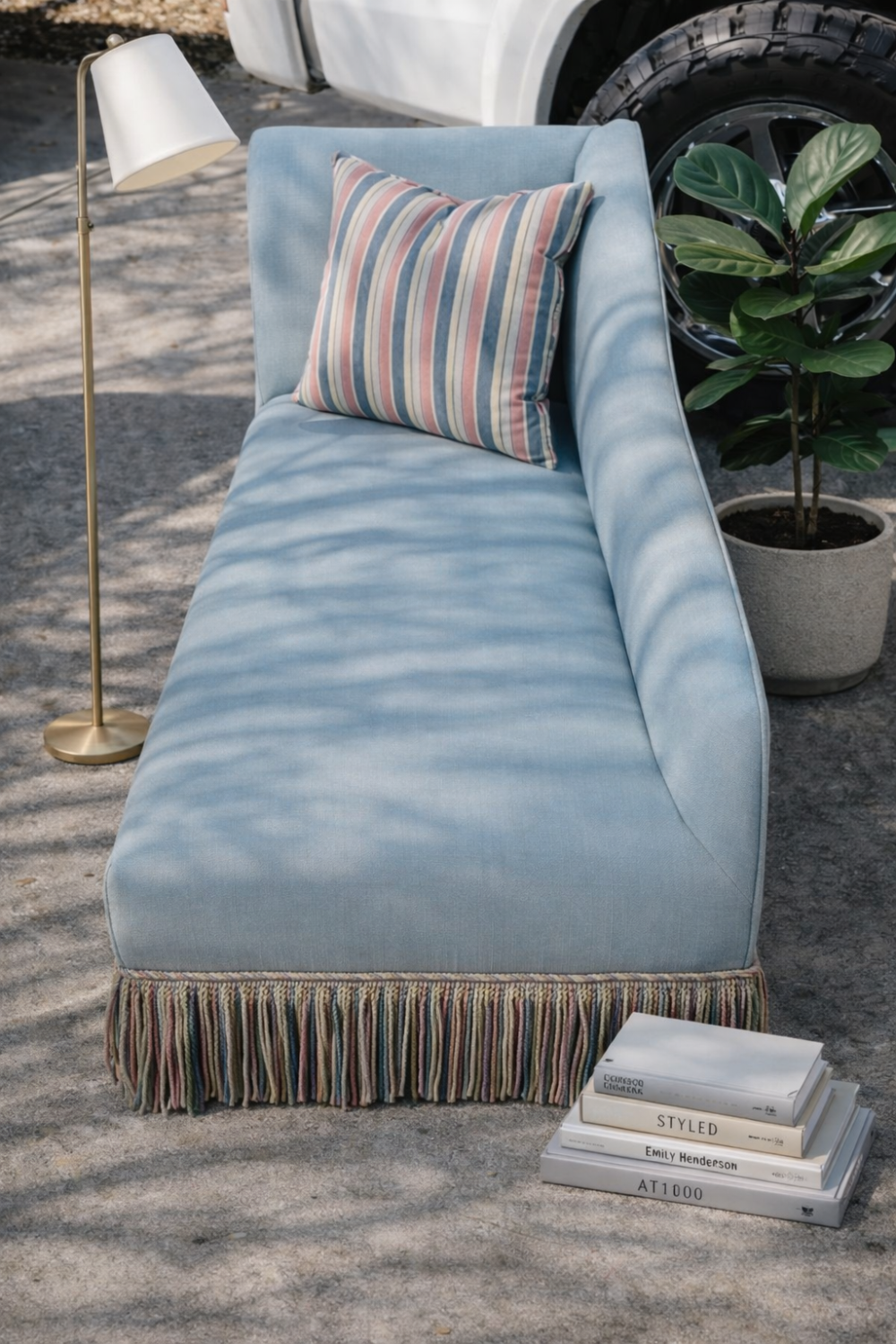 Soft Blue Chaise Lounge w/ Fringe Detail