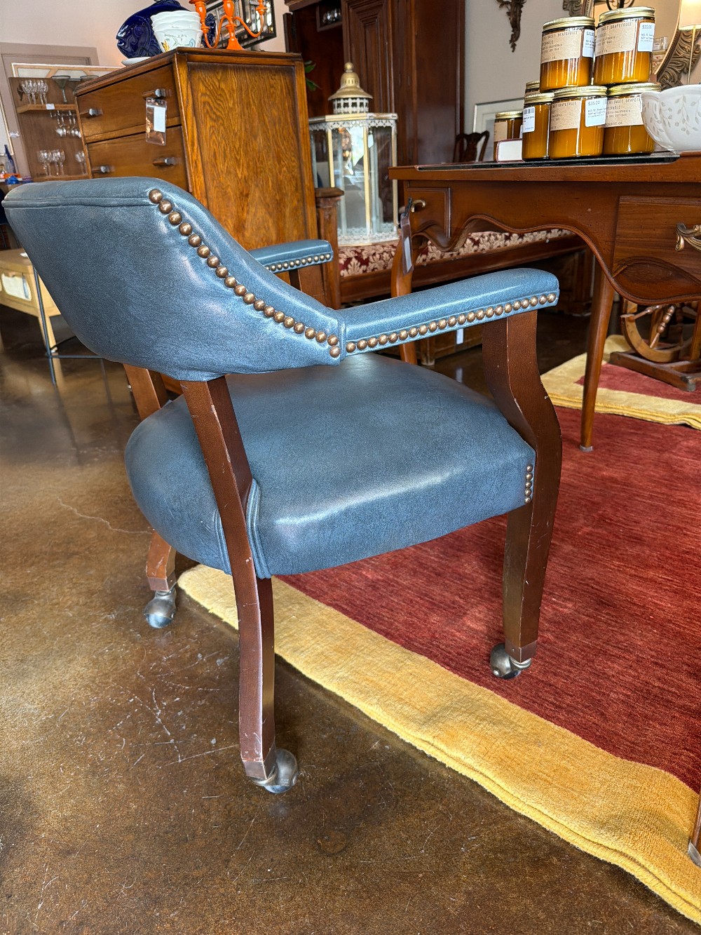 Classic Leather Club Arm Chair w. Brass Nailheads & Castors