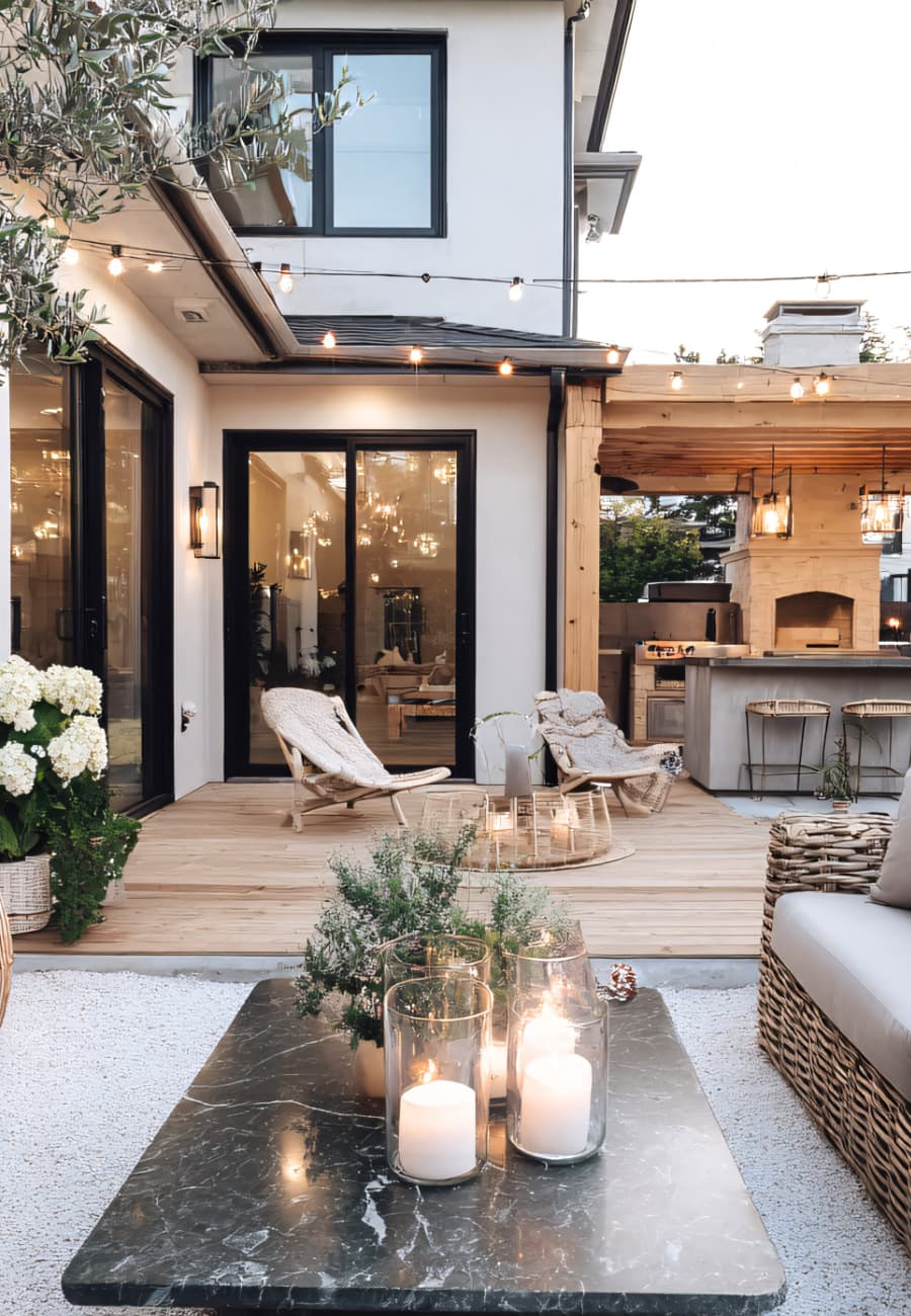 an outdoor living space with black and white tones.