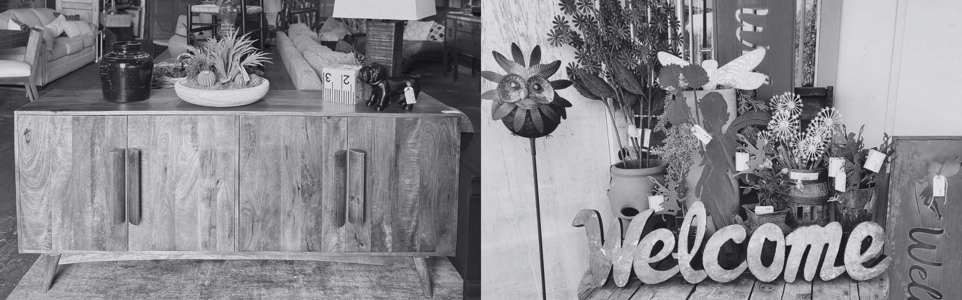 Two photos in a header, on the left is a wooden dresser and on the right is outdoor metal signage.