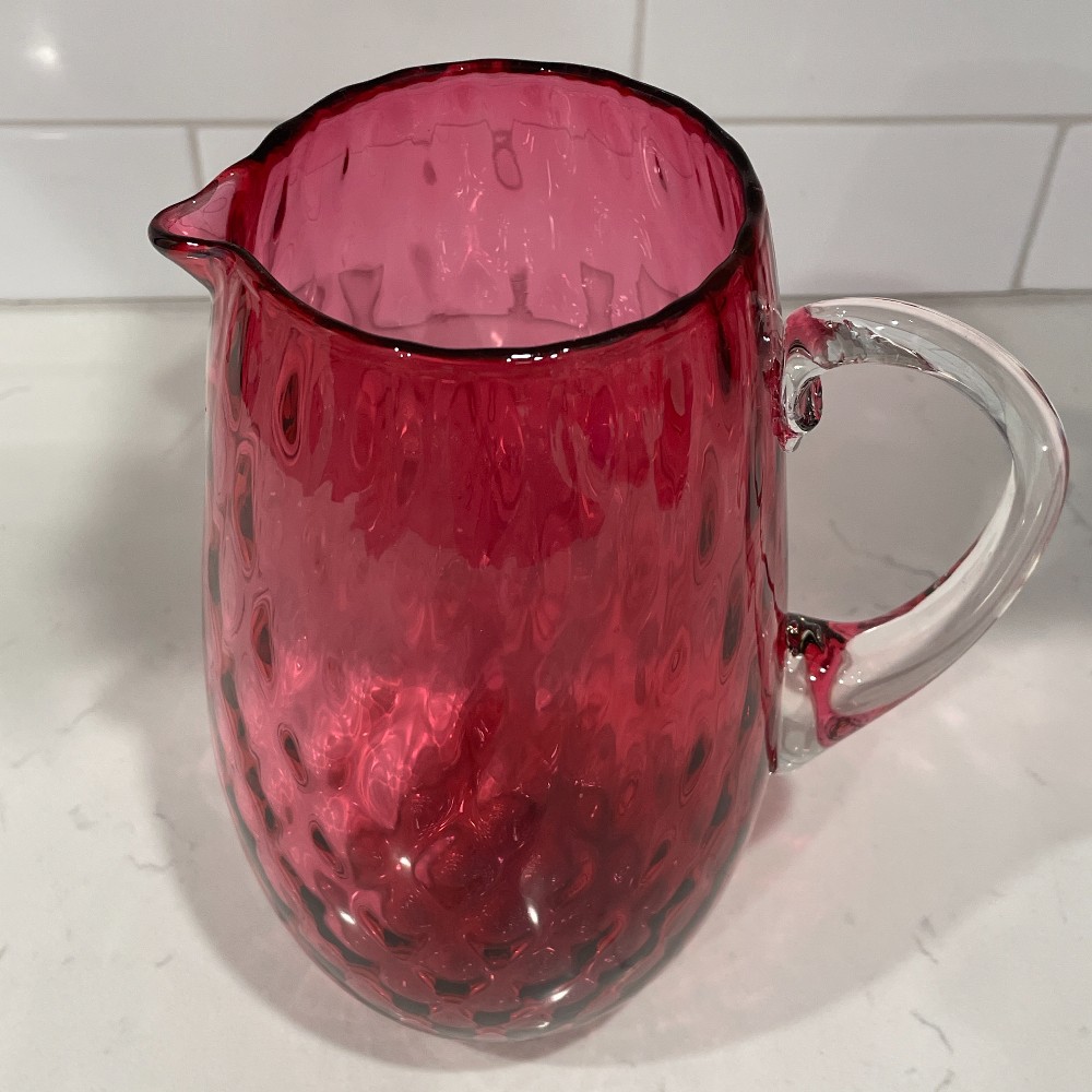 Cranberry Optic Glass Pitcher w Clear Handle