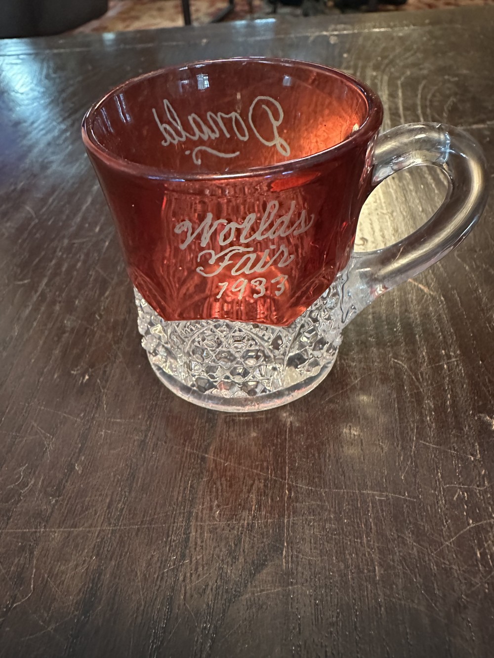 Worlds Fair 1933 Cranberry Glass Mug