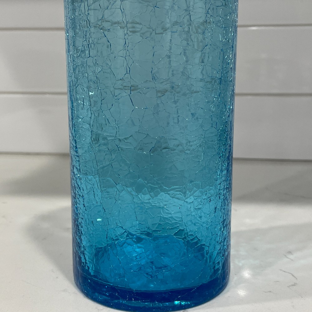 Vtg Blue Crackle Glass Cylinder Vase