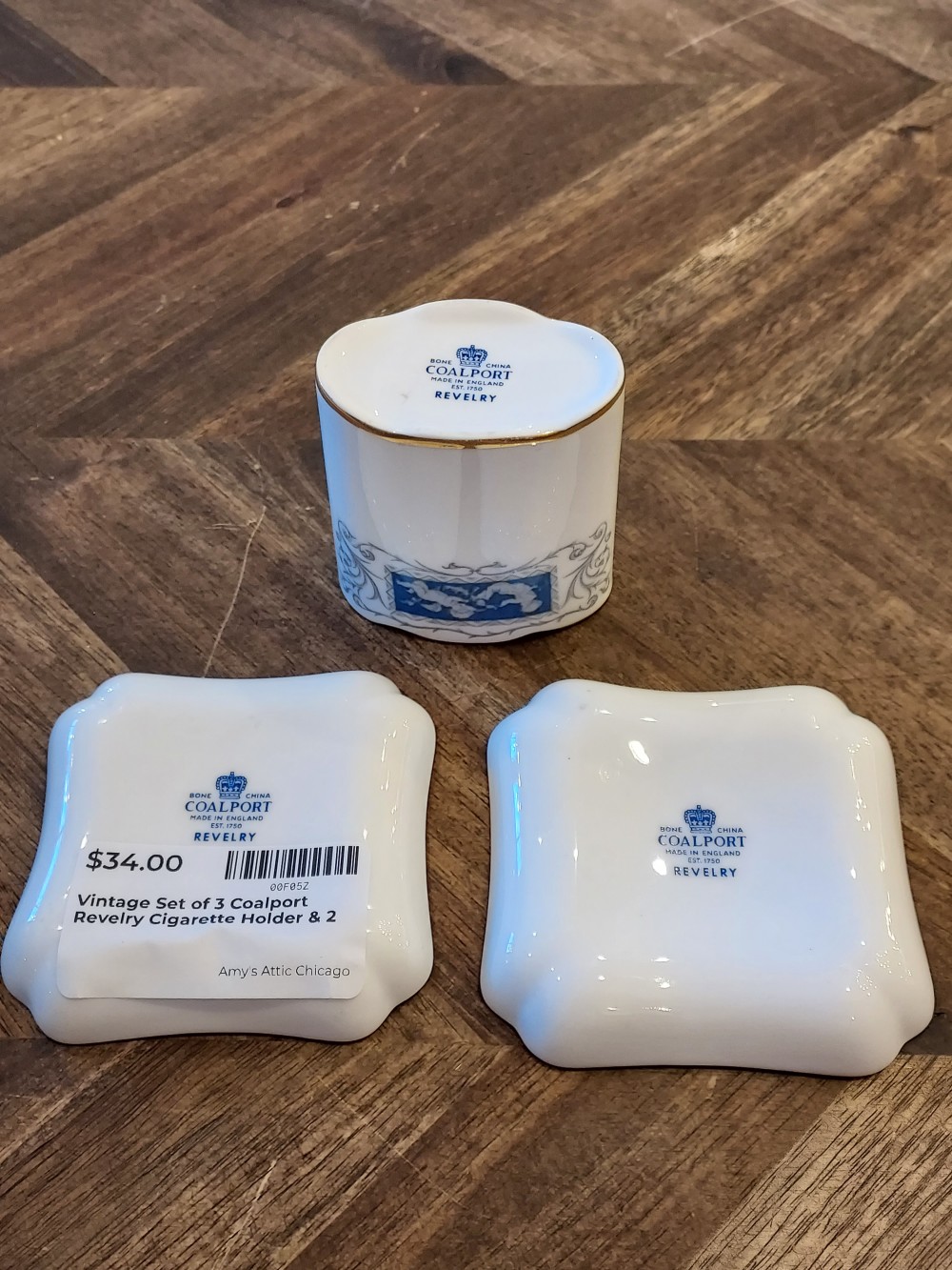 Vintage Set of 3 Coalport Revelry Cigarette Holder & 2 Ashtrays