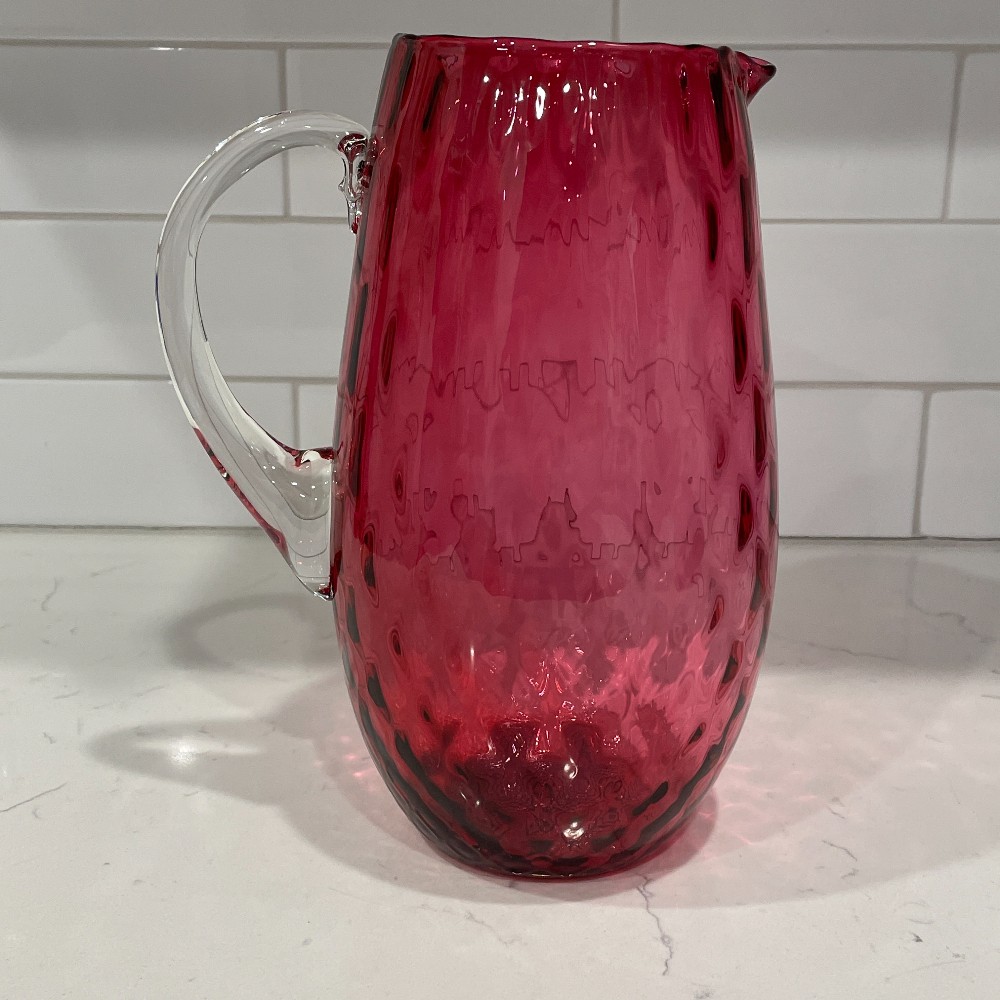 Cranberry Optic Glass Pitcher w Clear Handle