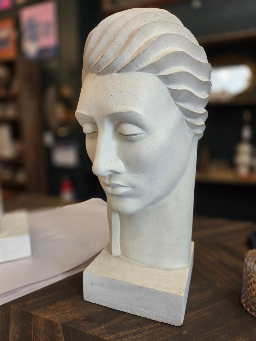 Post Modern Deco style Plaster Bust Sculpture. Sogned  