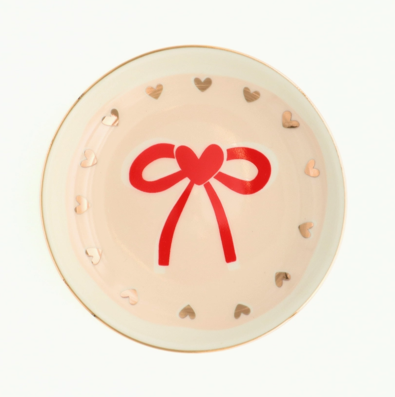 Round Trinket Tray Red Bow Gold Heart