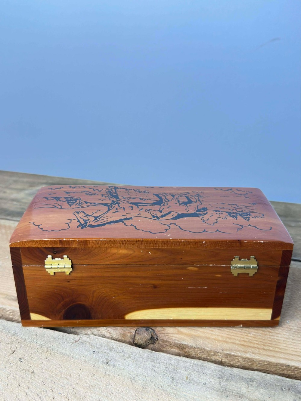 Vtg Cedar Jewelry Box With Horses