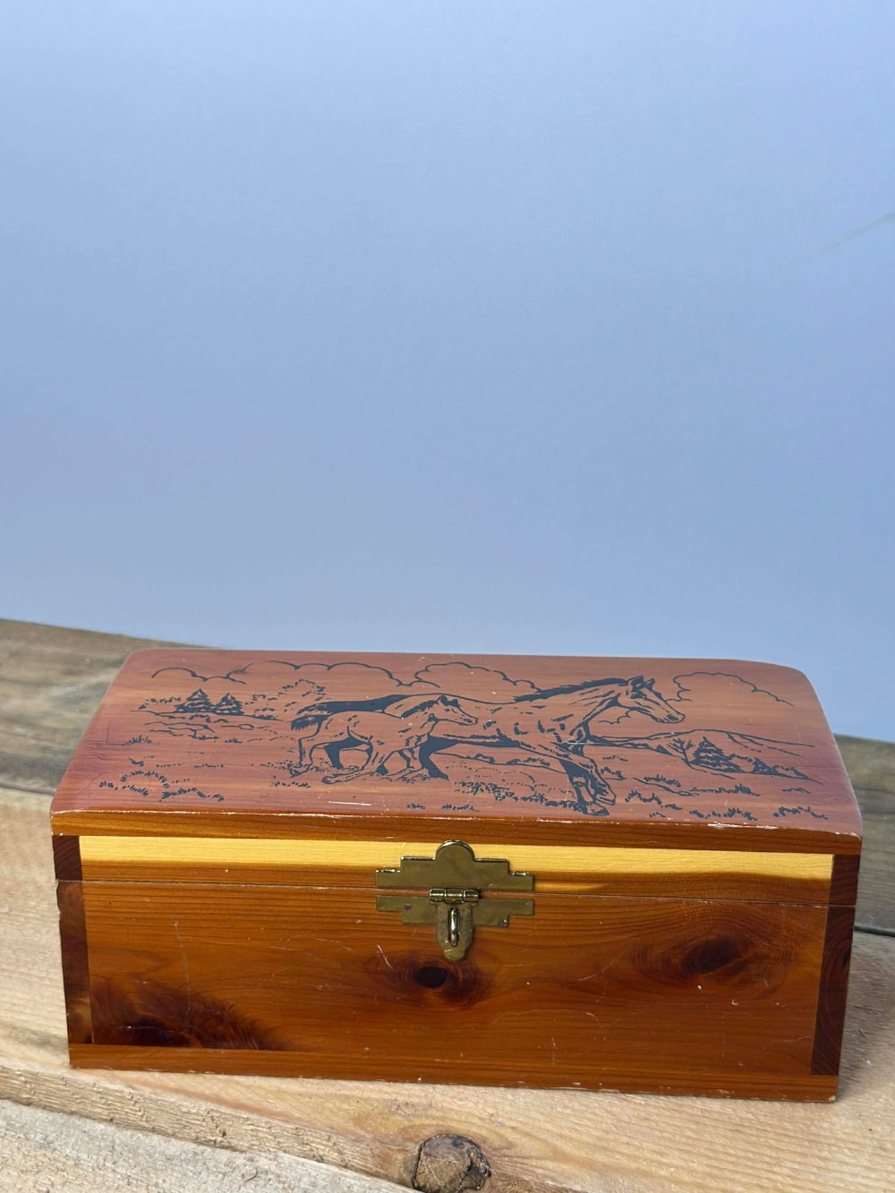 Vtg Cedar Jewelry Box With Horses