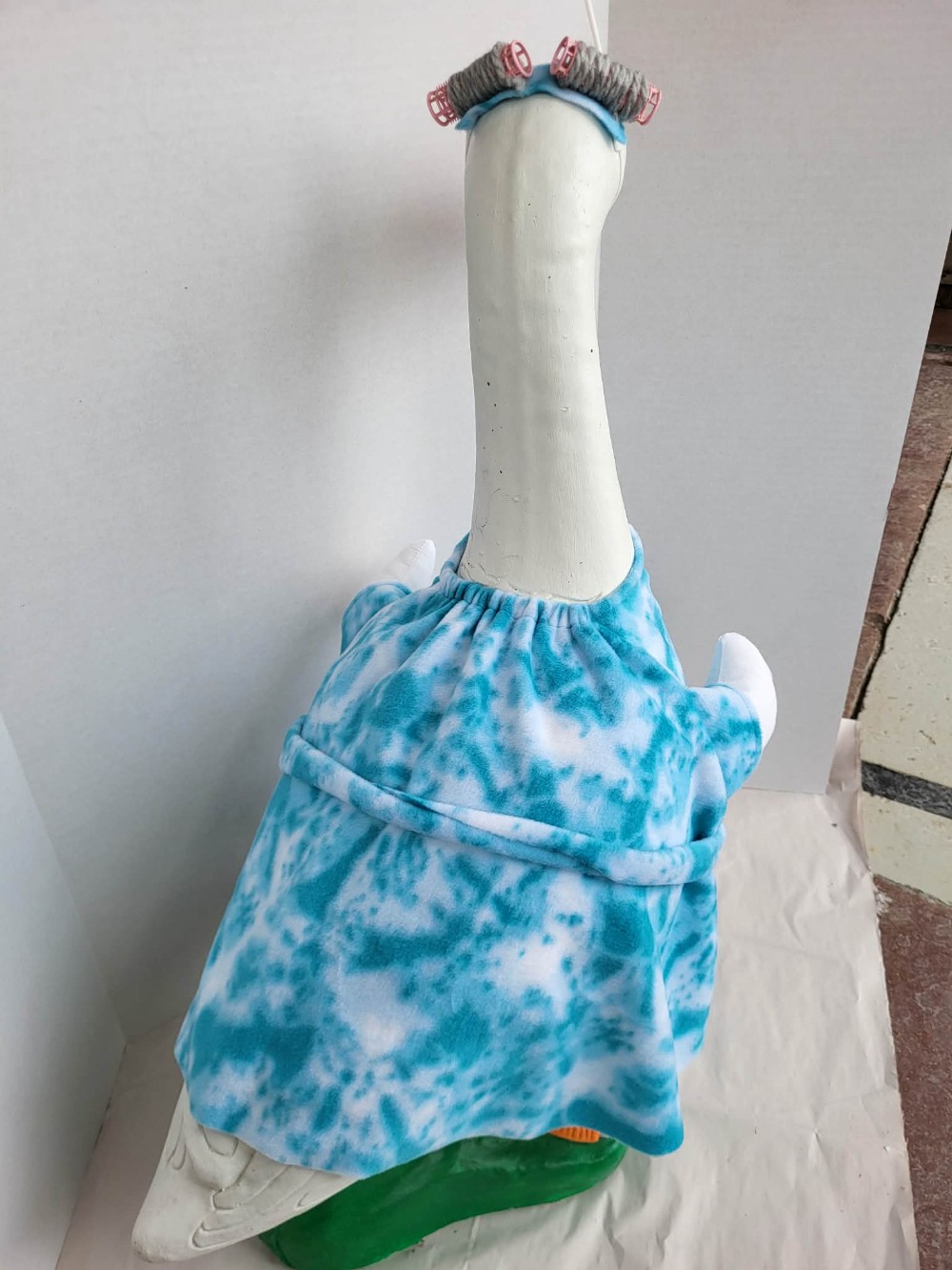 Goose outfit aqua bathrobe with curlers