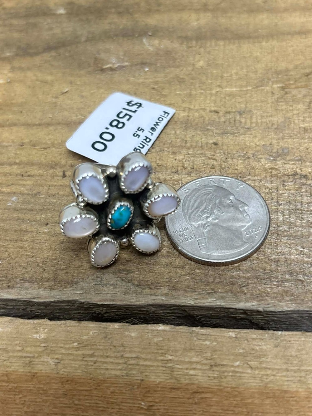 Navajo Mother of Pearl & Turquoise Flower Ring sz. 5.5
