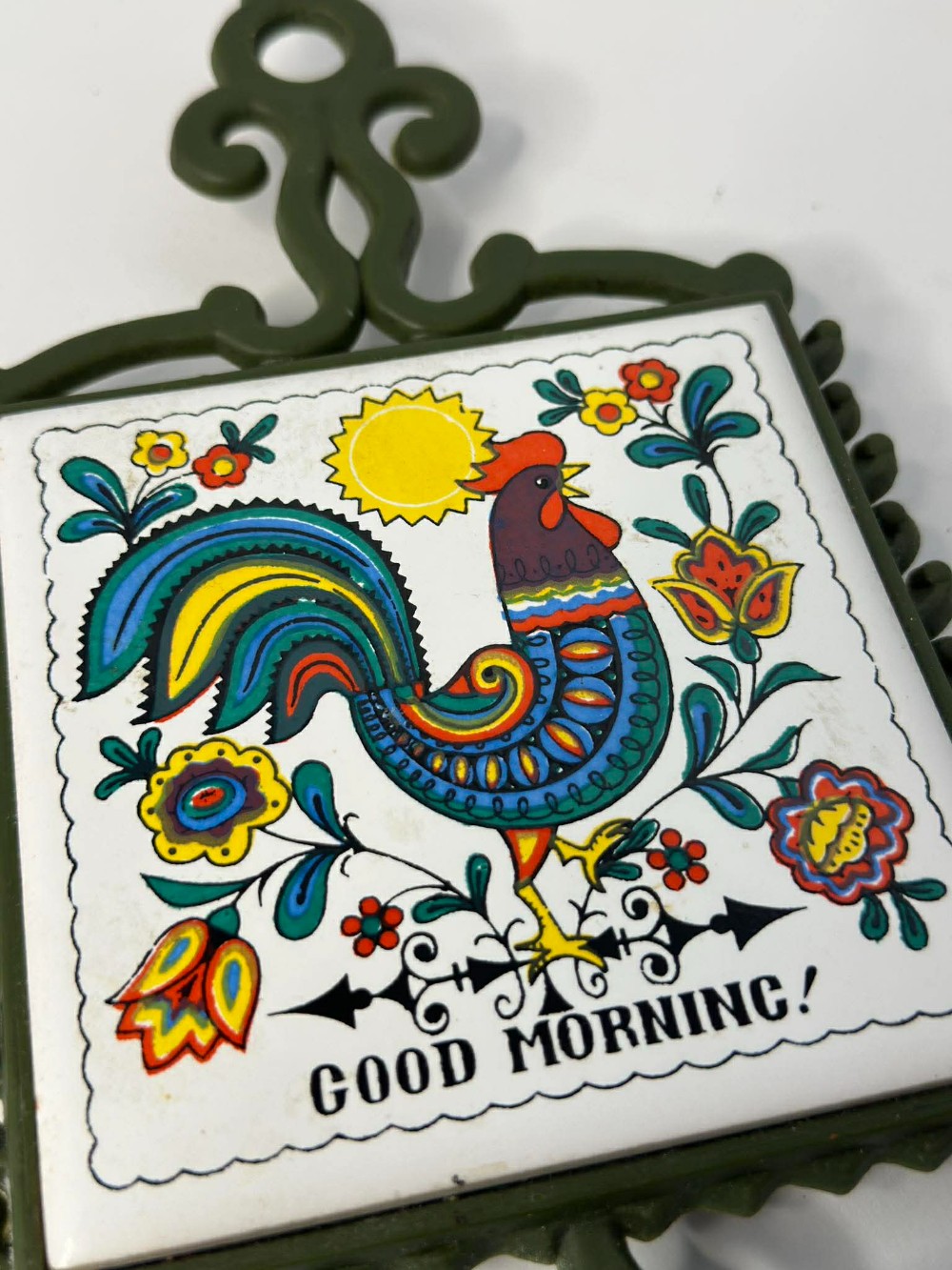 Vtg Folk Art Rooster Trivet