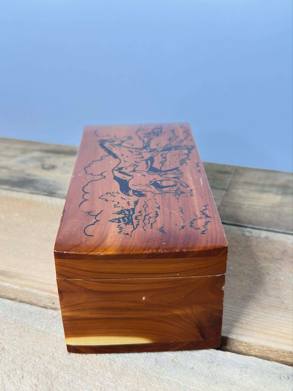 Vtg Cedar Jewelry Box With Horses