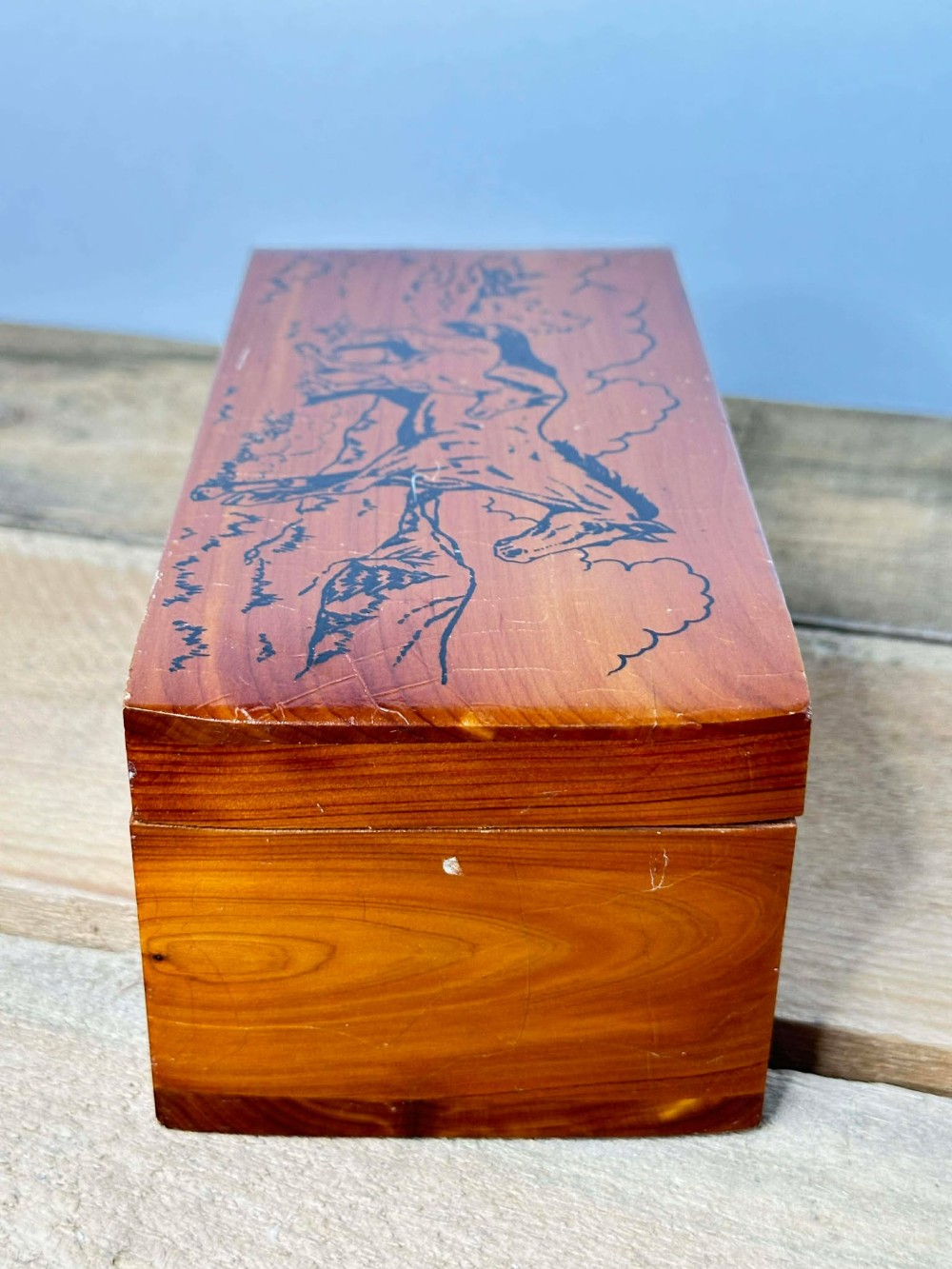 Vtg Cedar Jewelry Box With Horses