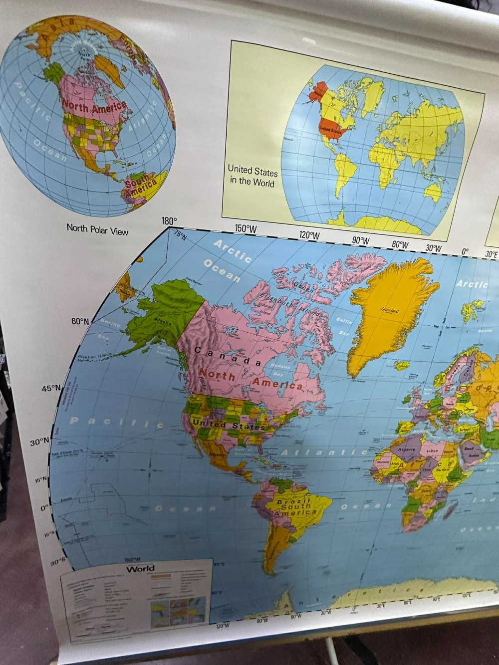 vtg 2 layered pull down maps of United States and World