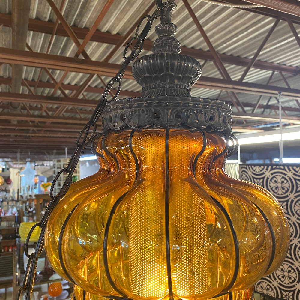 Caged Amber Blown Glass Swag Lamp