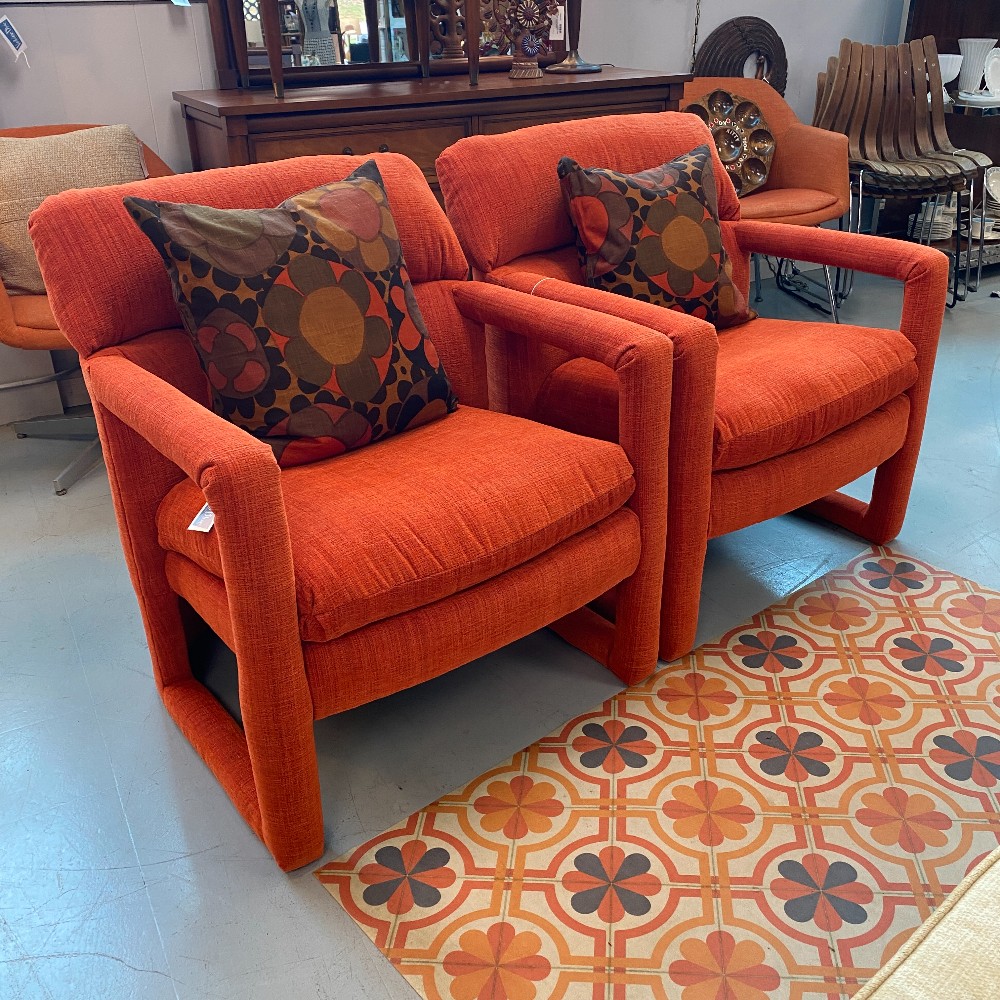 Pair of Chairs-Milo Baughman Style Orange Lounge Chairs