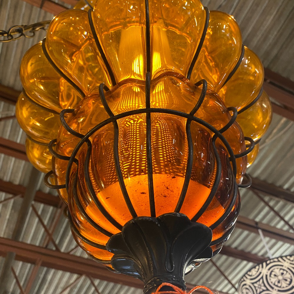Caged Amber Blown Glass Swag Lamp