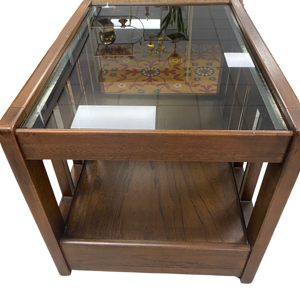 Wood & Chrome Accent Table with Smoked Glass & Drawer