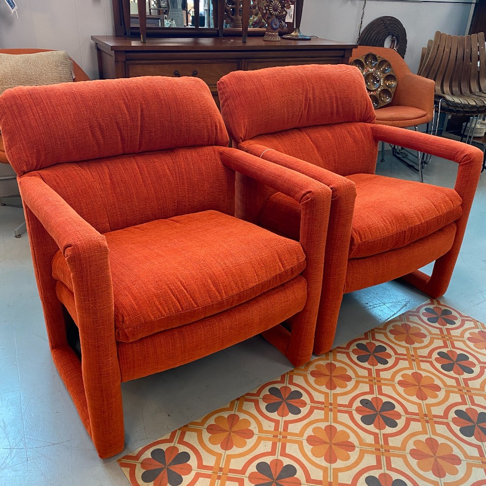 Pair of Chairs-Milo Baughman Style Orange Lounge Chairs
