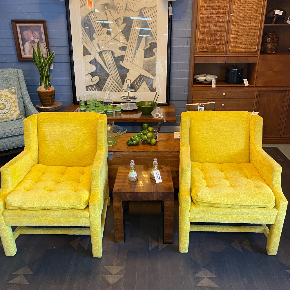 Pair Bright Yellow Crushed Velvet Chairs