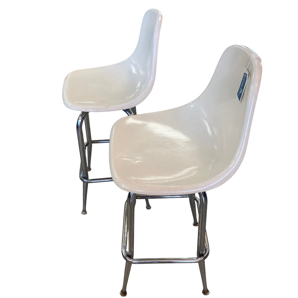 Pair of MCM White Fiberglass & Chrome Barstools